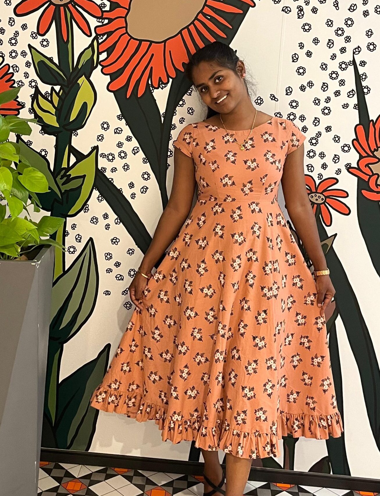 Women's Peach Floral Printed Smocked Detailed A-Line Dress